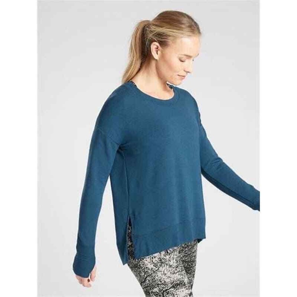 Athleta Coaster Luxe Sweatshirt Teal Blue Modal Fleece Pullover‎ Thumbholes Sz L